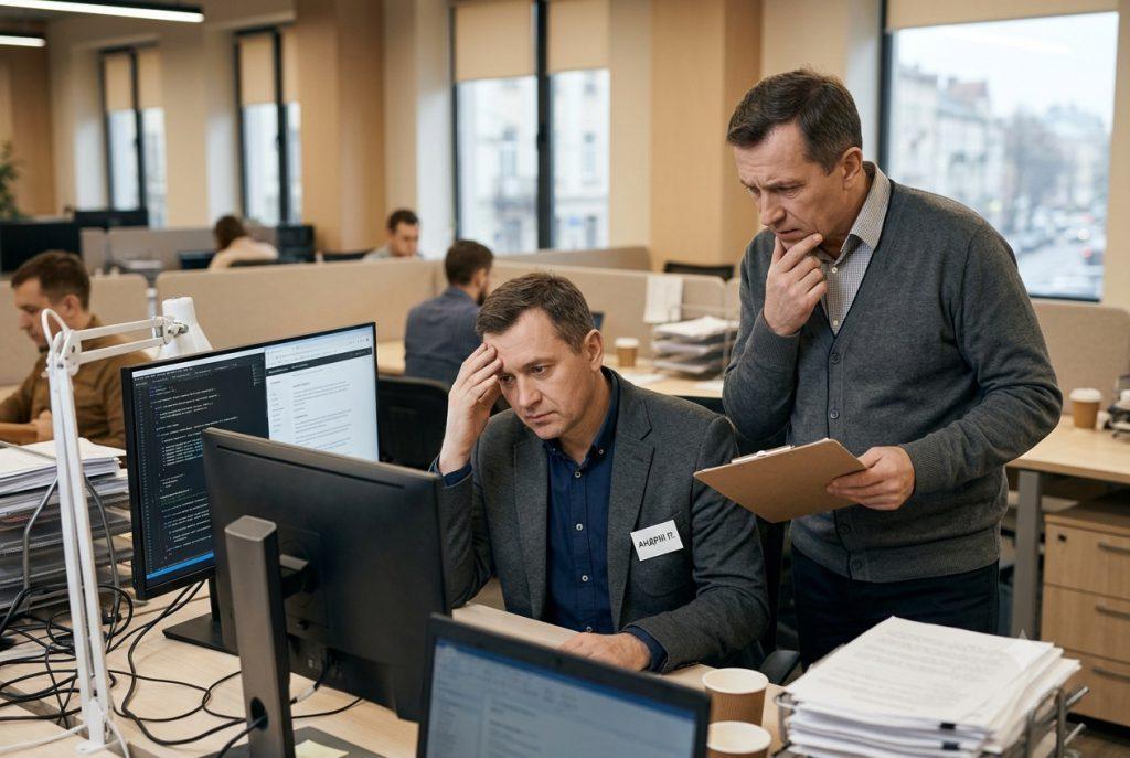 Двоє втомлених інженерів в офісі розглядають код на моніторі, поруч стоси паперів