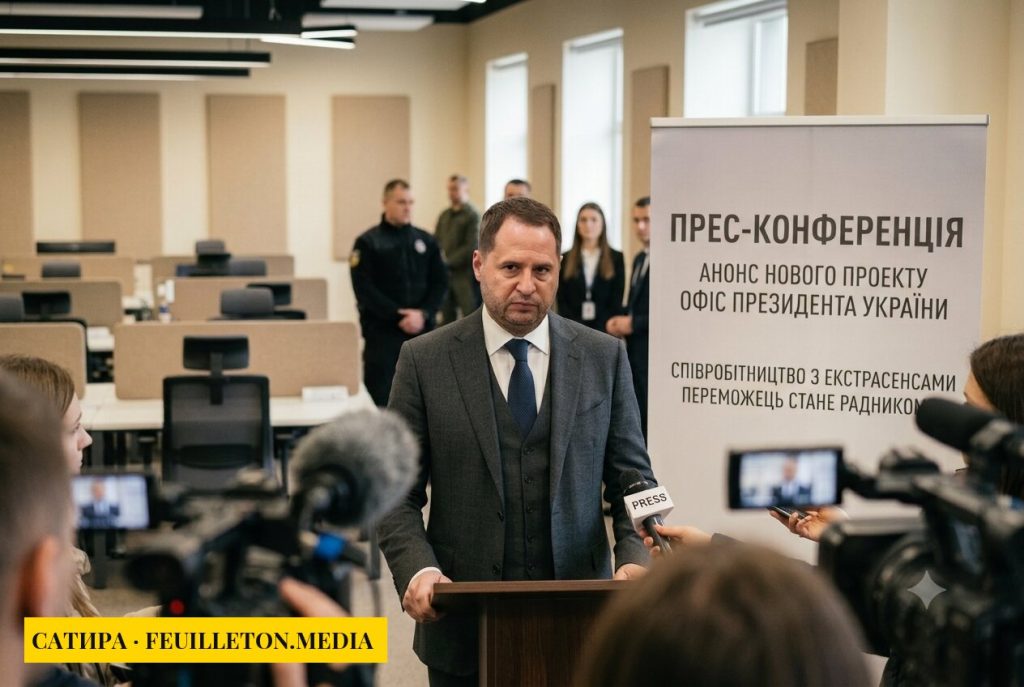 Андрій Єрмак на прес-конференції анонсує кастинг екстрасенсів (AI-генероване сатиричне зображення)